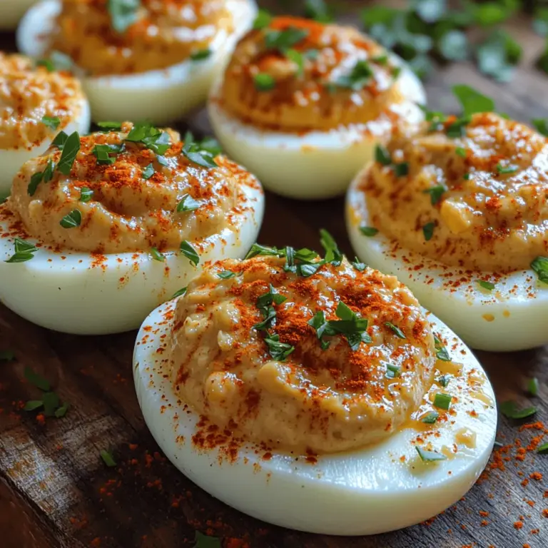 Gerösteter Knoblauch Hummus gefüllte Eier sind eine innovative und köstliche Variante des klassischen Gerichts "Deviled Eggs". Diese besondere Rezeptur kombiniert die cremige Textur von Hummus mit dem herzhaften Geschmack von geröstetem Knoblauch und den klassischen Aromen von gefüllten Eiern. In den letzten Jahren haben gefüllte Eier an Beliebtheit gewonnen, nicht nur als beliebter Party-Snack, sondern auch als gesunde Vorspeise oder Beilage zu verschiedenen Gerichten.