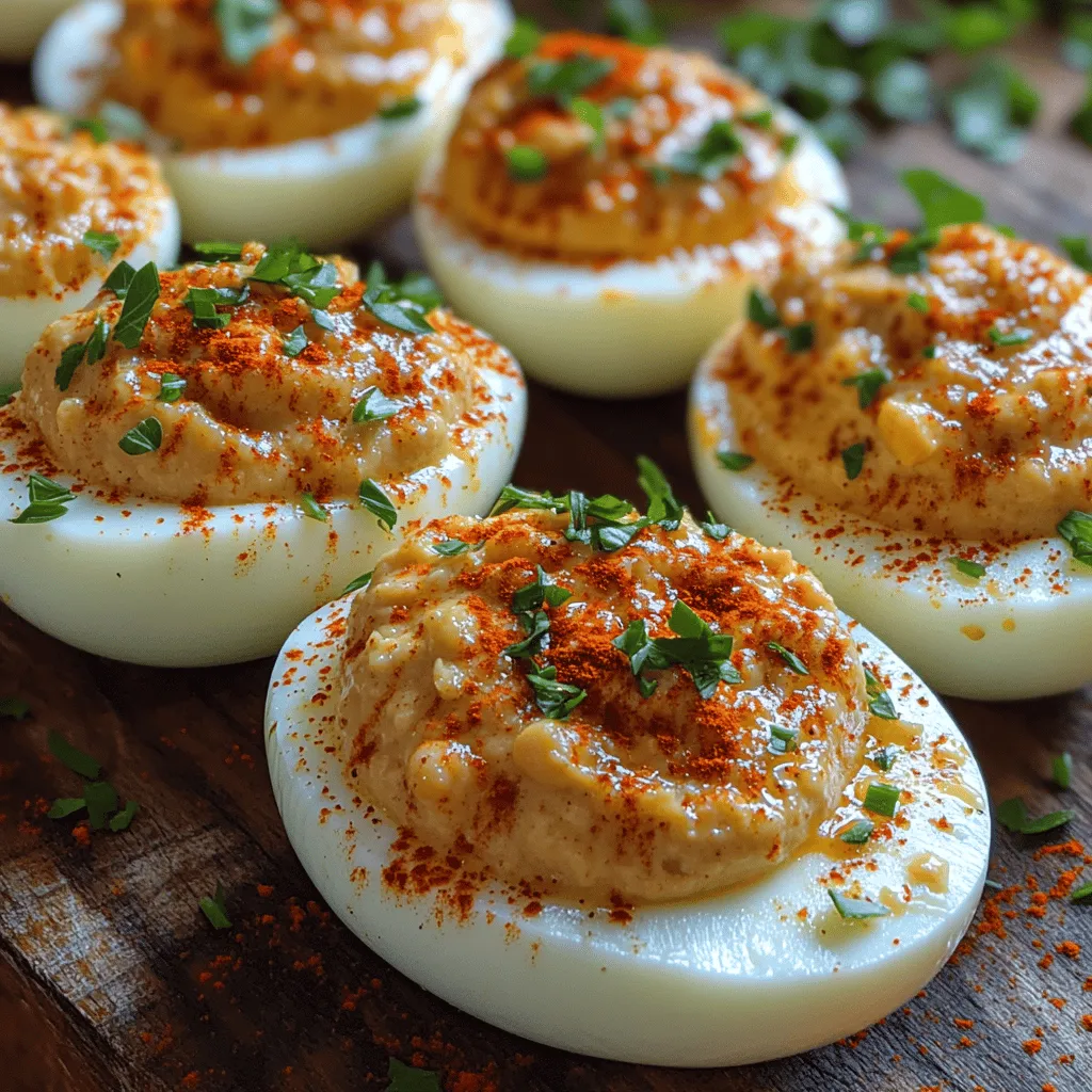 Gerösteter Knoblauch Hummus gefüllte Eier sind eine innovative und köstliche Variante des klassischen Gerichts "Deviled Eggs". Diese besondere Rezeptur kombiniert die cremige Textur von Hummus mit dem herzhaften Geschmack von geröstetem Knoblauch und den klassischen Aromen von gefüllten Eiern. In den letzten Jahren haben gefüllte Eier an Beliebtheit gewonnen, nicht nur als beliebter Party-Snack, sondern auch als gesunde Vorspeise oder Beilage zu verschiedenen Gerichten.