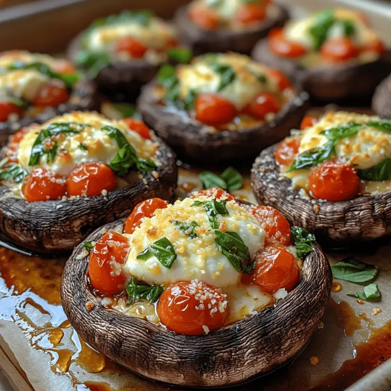 Portobello-Pilze sind die großen, schmackhaften Vertreter der Pilzfamilie und zeichnen sich durch ihre fleischige Konsistenz und ihren erdigen Geschmack aus. Sie sind eine hervorragende Quelle für Vitamine und Mineralien, darunter B-Vitamine, Vitamin D, Selen und Antioxidantien. Der hohe Wassergehalt der Portobello-Pilze macht sie kalorienarm, während sie gleichzeitig eine sättigende Wirkung haben. Diese Pilze sind nicht nur gesund, sondern auch perfekt geeignet, um verschiedene Füllungen aufzunehmen, was sie ideal für dieses Rezept macht.