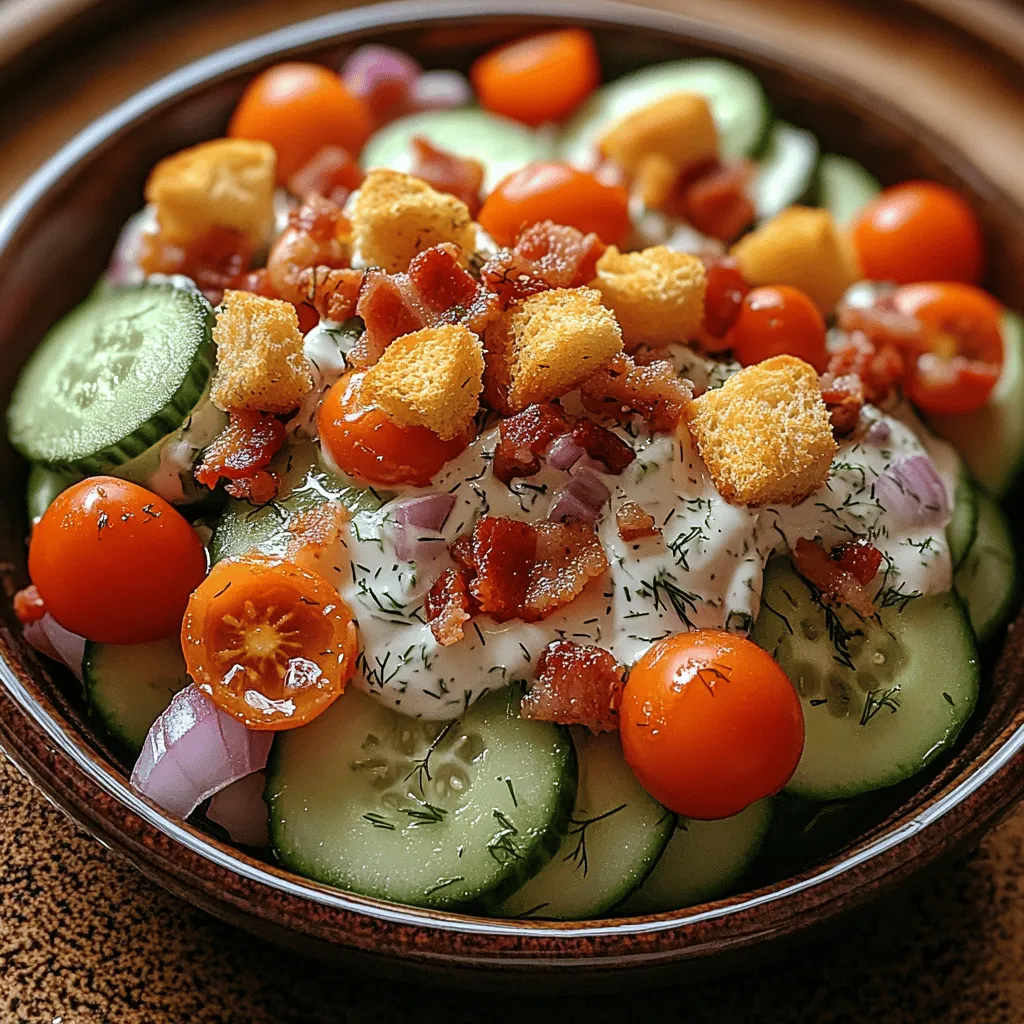 Der Krosser Ranch Gurkensalat ist nicht nur ein einfacher Salat, sondern ein wahres Geschmackserlebnis, das sowohl Erfrischung als auch Knusprigkeit auf den Tisch bringt. Perfekt für warme Sommertage oder als Beilage zu Grillgerichten, kombiniert dieser Salat frisches Gemüse mit einer cremigen und würzigen Ranch-Dressing-Note. Was diesen Salat besonders macht, ist die Kombination aus knackigen Gurken, süßen Kirschtomaten und dem herben Geschmack von frischem Dill, die zusammen eine harmonische Geschmacksexplosion erzeugen. Darüber hinaus sorgt die Option, knusprige Speckstücke hinzuzufügen, für eine zusätzliche Textur, die sowohl Fleischliebhaber als auch Vegetarier anspricht.